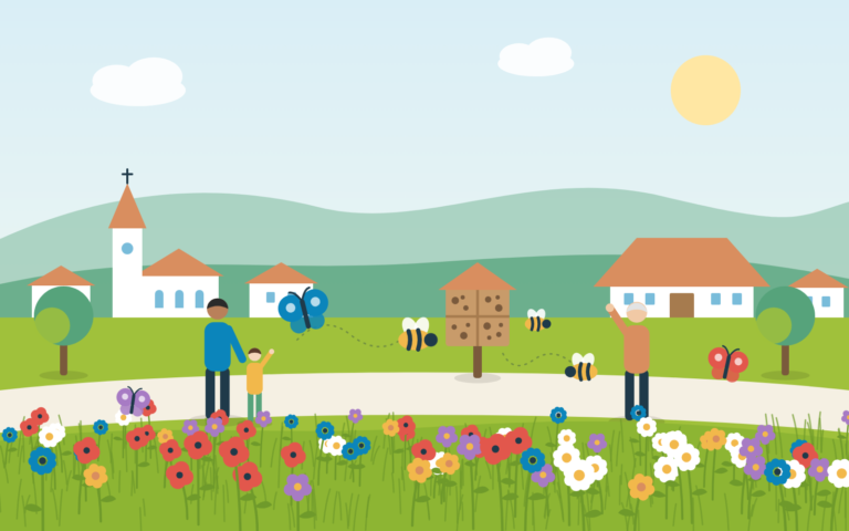 Blumenwiese mit Wildbienenhotel als Biodiversitätsfläche in Niederbipp